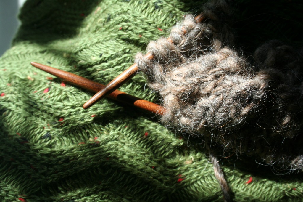 Handspun pure llama yarn on smooth Brittany black walnut needles. Tactile pleasure times two.
