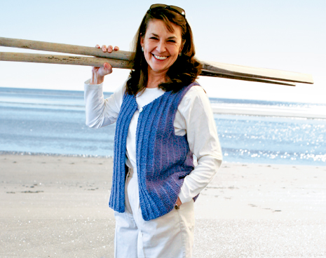 Sheri sports a Vaill Island vest created from Halcyon Yarn Signature Casco Bay cotton at Popham Beach, Maine.