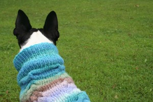Done - a tonal custom-knit sweater in ocean hues.