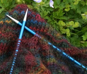 Signature needles are precision tools. Here is the work in progress. It takes much knitting to make inches add up with this ethereal fiber combination of musk ox, cashmere and silk blend.