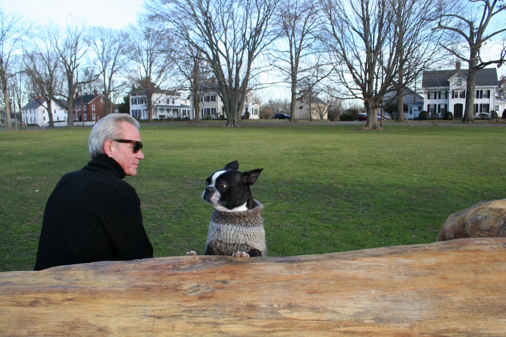 Handsome man with stylish knitted black turtleneck with Boston terrier in a handknit tweed sweater on a cold New England day.