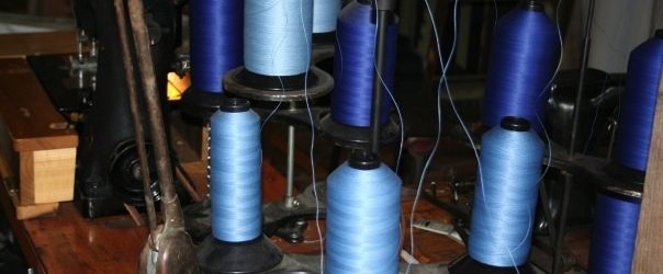 Blue spools in old mill. Photo Moo Dog Knits